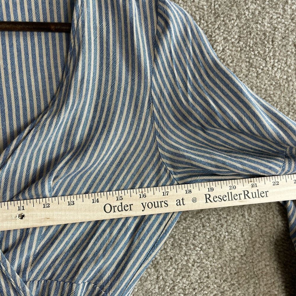 Ecote OU Wrap Dress Womens Size Medium Blue/Tan Striped Bell Sleeve V-Neck 90s - Picture 7 of 11